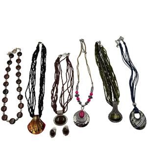Vintage Lot Beaded Pendant Statement Fashion Necklaces Earrings 6 Pieces